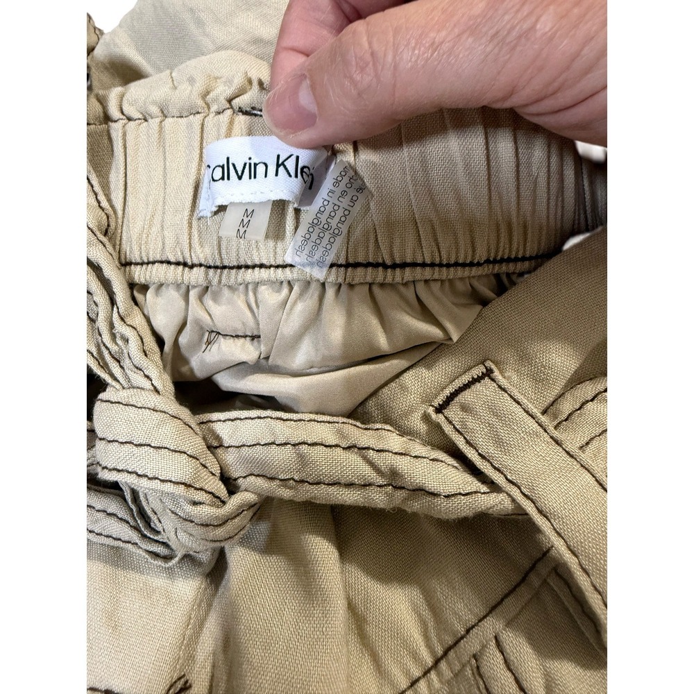 Calvin Klein Women Khaki Tan Linen Blend Cargo Pants Tie Waist Utility Size M - Picture 3 of 4